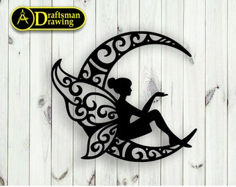 Fairy on The Moon Wall art  Decor vector drawing file for laser cutting , plasma cutting( dxf , dwg , cdr , svg )Metalic & Wood CNC machine!