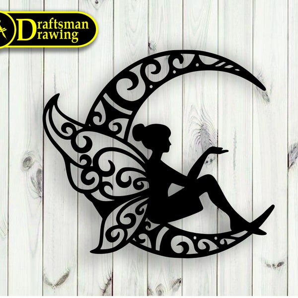 Fairy on The Moon Wall art  Decor vector drawing file for laser cutting , plasma cutting( dxf , dwg , cdr , svg )Metalic & Wood CNC machine!