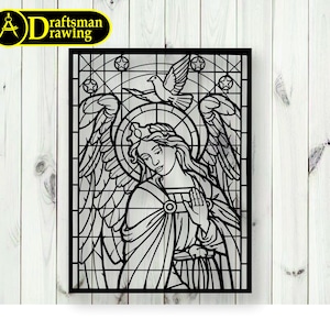 May include: Black and white line art illustration of an angel with wings, a halo, and a dove. The angel is standing in a stained glass window frame.