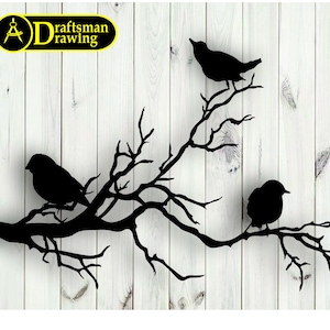 May include: Black silhouette of three birds perched on bare branches against a white woodgrain background.