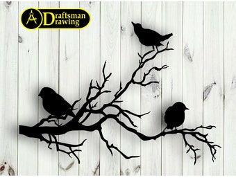 Birds on the Branch Wall art  Decor vector file for laser cutting , plasma cutting  ( dxf , dwg , cdr , svg )    Metalic & Wood CNC machine!