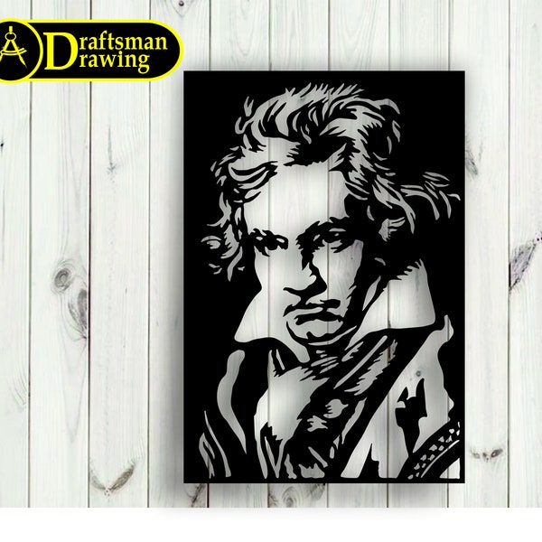 Ludwig van Beethoven Wall art  Decor vector file for laser cutting , plasma cutting  ( dxf , dwg , cdr , svg ) Metalic & Wood CNC machine!