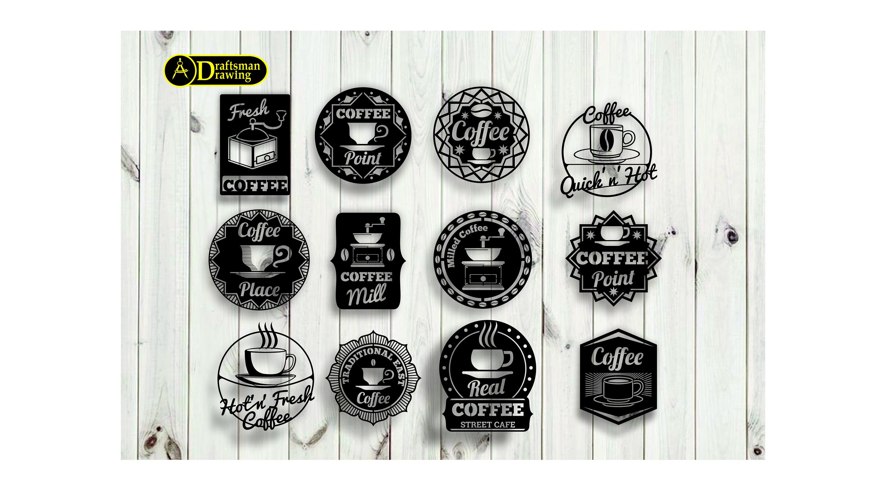 Cafe Shop Wall Decor Bundle Drawing File For CNC Laser , Plasma , Router and Waterjet Cutting ( dxf , svg , dwg , cdr)