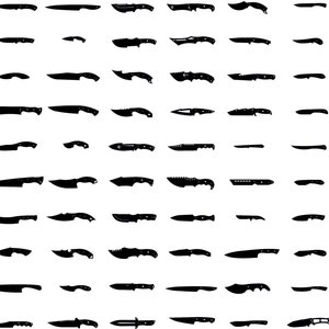 Puede incluir: Una colección de 100 imágenes en silueta en blanco y negro de diferentes tipos de cuchillos. Los cuchillos están dispuestos en filas y todos miran en la misma dirección.