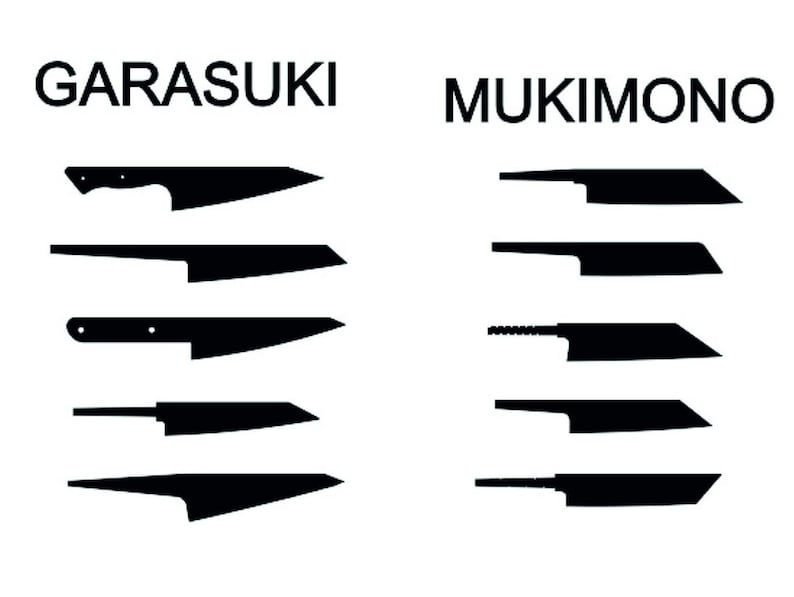 May include: A diagram comparing two types of Japanese knives: Garasuki and Mukimono. The Garasuki knives are shown in a vertical row on the left side of the image, while the Mukimono knives are shown in a vertical row on the right side of the image. Each knife is shown in black silhouette.