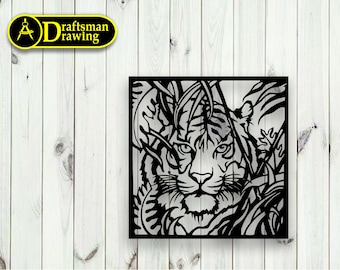 May include: Black and white silhouette of a tiger's face peeking out from behind leafy foliage. The tiger's eyes are wide open and its mouth is closed. The image is in a square format.