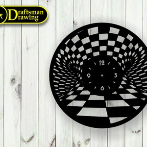 May include: Black and white checkered clock with a 3D effect. The clock face is in the center of the design and has black numbers and hands.