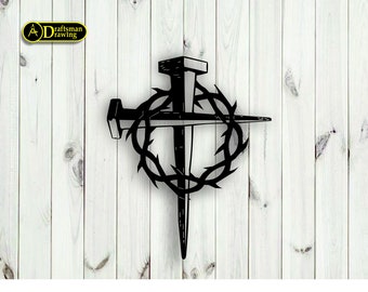 May include: Black metal silhouette of a cross with a crown of thorns and nails. The cross is set against a white wood background.
