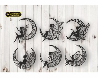 Fée sur la lune Wall art Decor fichier vectoriel pour la découpe laser, découpe plasma (dxf, dwg, cdr, svg, eps) Machine CNC métallique et bois
