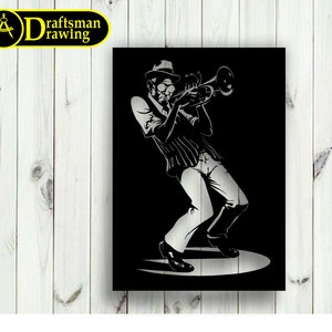 Puede incluir: Silueta en blanco y negro de una persona tocando una trompeta. La persona lleva un sombrero y tiene un aspecto elegante. La imagen está sobre un fondo negro.