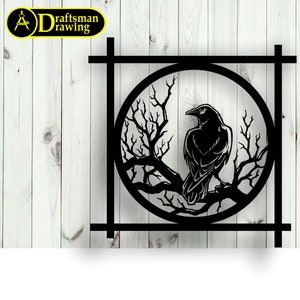 Crow on Branch Wall art Decor vector drawing file for laser cutting , plasma cutting( dxf , dwg , cdr , svg )Metalic & Wood CNC machine!