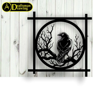 May include: Black metal wall art featuring a raven perched on a branch inside a circle. The design is framed by a square metal frame.