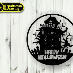 May include: Black and white silhouette of a haunted house with a clock face and the text "Happy Halloween" on a black circular background.