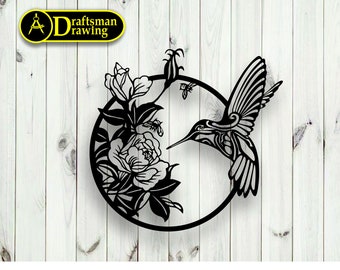 Humming Bird Wall art  Decor vector drawing file for laser cutting , plasma cutting  ( dxf , dwg , cdr , svg  )  Metalic & Wood CNC machine!