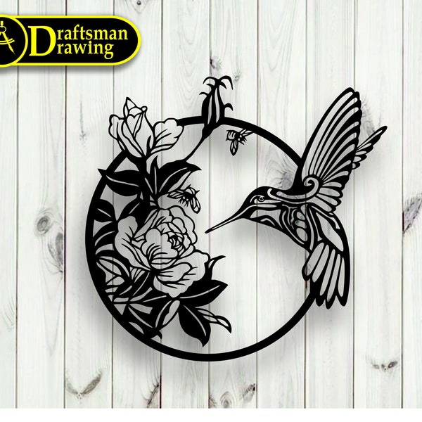 Humming Bird Wall art  Decor vector drawing file for laser cutting , plasma cutting  ( dxf , dwg , cdr , svg  )  Metalic & Wood CNC machine!