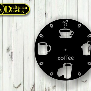 May include: Black circular wall art featuring coffee-themed designs. The art includes coffee cups, a to-go cup, and coffee beans. The word "coffee" is displayed in the center. The background is a white wooden wall. The top left corner has a yellow logo with the text "Draftsman Drawing".