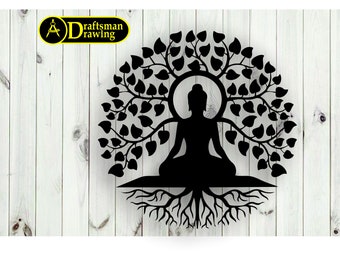 May include: Black silhouette of a meditating Buddha figure sitting beneath a tree with roots and leaves. The tree is a Bodhi tree, a sacred fig tree.