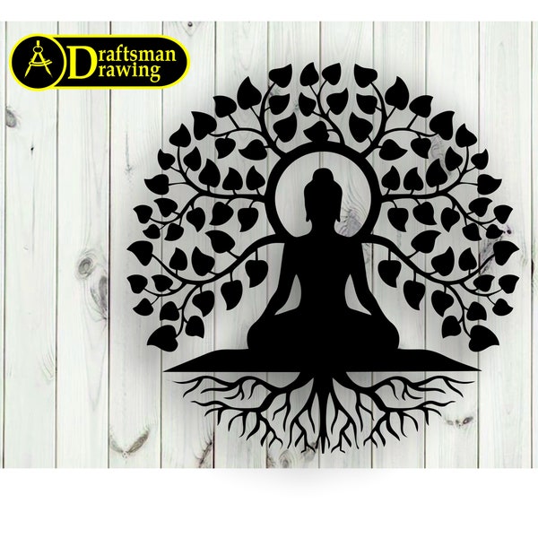 Buddha Meditating n front of tree Wall Decor drawing file for laser cut , plasma cut for cnc machine ( dxf , dwg , svg , cdr )