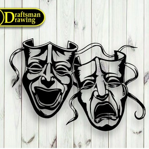May include: Black and white illustration of two theatrical masks. One mask is smiling and the other is crying.