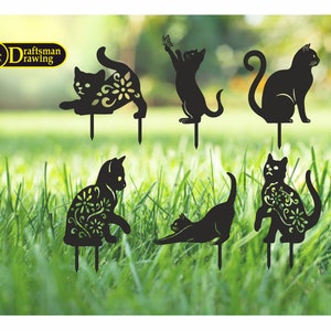 May include: Black metal cat garden stakes in various poses, including stretching, sitting, and reaching for a butterfly. Some cats feature floral cutouts. The stakes are displayed in a grassy yard.