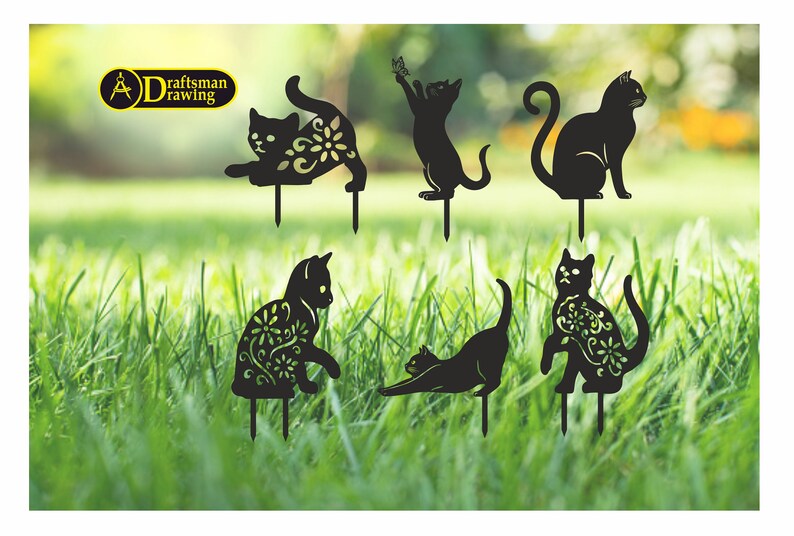 May include: Black metal cat garden stakes in various poses, including stretching, sitting, and reaching for a butterfly. Some cats feature floral cutouts. The stakes are displayed in a grassy yard.