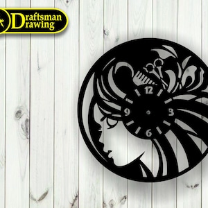 May include: Black and white clock with a woman's face and hair design. The clock face has Roman numerals and a black background.