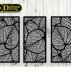 May include: Three black metal wall panels with a leaf design. The panels are rectangular and have a delicate, intricate pattern of overlapping leaves.