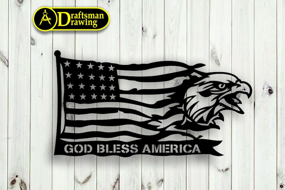 Svg)Metalic & Wood Cnc Machine!,American Eagle Flag Wall Art Decor Vector Drawing File For Laser Cutting , Plasma Cutting(Dxf , Dwg , Cdr Refinedstyle