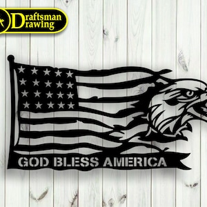 May include: Black metal wall art featuring a stylized American flag with an eagle head emerging from the right side. The flag is waving and the text "GOD BLESS AMERICA" is displayed below.