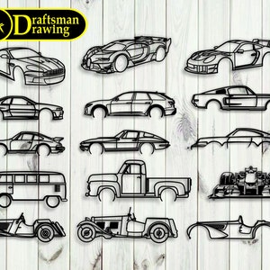 Car Pack (15 pcs) for  Wall Art Decor vector file for laser cutting , plasma cutting ( svg , dxf , dwg , cdr ) Metalic & Wood CNC machine!