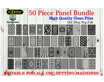 May include: A digital download of 50 black and white CNC cutting panel designs. The designs are suitable for all CNC cutting machines. The text "50 Piece Panel Bundle" and "High Quality Clean Files" is displayed at the top of the image. The text "Dxf/Dwg/Svg/Cdr" is displayed below the title. The text "SUITABLE FOR ALL CNC CUTTING MACHINES" is displayed at the bottom of the image.