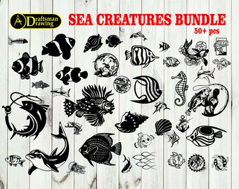 Bundle de créatures marines et de pêcheurs, fichiers découpés au laser (svg, dxf, dwg, cdr)