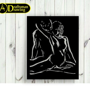 May include: A black and white line drawing of two figures embracing. The artwork depicts a man and a woman in an intimate pose. The image is set against a black background. The logo "Draftsman Drawing" is in the upper left corner.