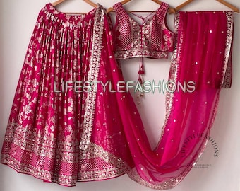 Rani Pink Lehenga Choli: Dola Silk, Zari Embroidery, Indian Wedding