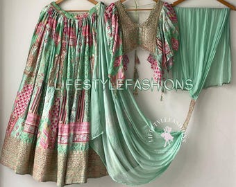 Green Chinon Silk Lehenga Choli: Indian Embroidered Lehenga for Wedding Reception Outfit