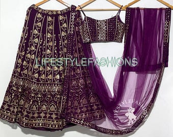 Purple Georgette Lehenga Choli, Sequins Embroidered Indian Wedding Outfit