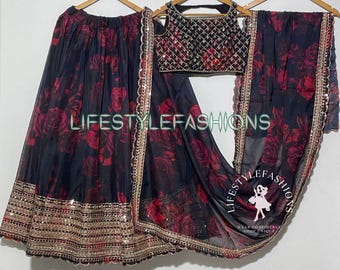Black Floral Organza Lehenga Choli, Sequins Embroidered Indian Lengha