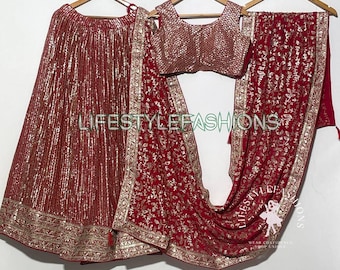 Red Bridesmaids Lehenga Choli for Wedding: Sequins, Cording Work Sangeet Ghagra Choli Set