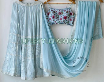 Sky Blue Lehenga Choli with Sequins Embroidery, Indian Wedding Wear