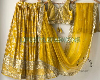 Yellow Dola Silk Lehenga Choli: Bollywood Embroidery, Indian Wedding Outfit