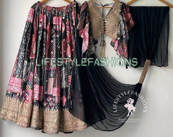 Chinon Silk Black Floral Lehenga Choli: Printed Wedding Party Sabyasachi Lehenga