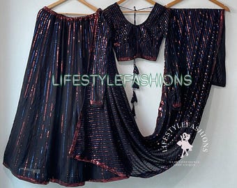 Black Georgette Sequins Lehenga Choli: Embroidered Indian Wedding Party Outfit