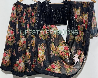 Black Lehenga Choli Indian Wedding Reception Guest Wear, Sequins Embroidery Chaniya