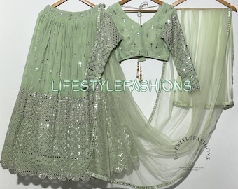 Embroidered Pista Green Georgette Lehenga Choli Set: Zari, Sequins Indian Wedding Outfit