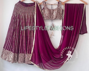 Wine Georgette Lehenga Choli Set: Sequins, Zari Embroidery, Wedding Party Outfit