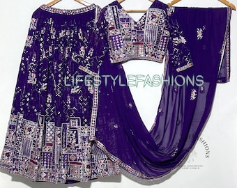 Embroidered Purple Georgette Lehenga Choli: Bollywood Wedding Thread & Sequin Lehengas