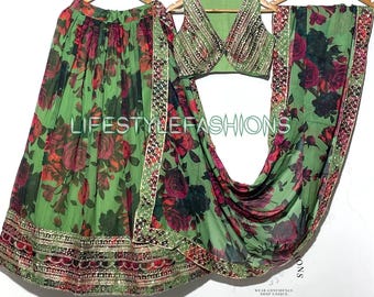 Green Floral Party Lehenga Choli: Bridesmaids Ready to Wear Lengha Choli for Wedding