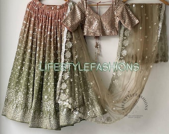 Mehendi Green Lehenga Choli: Sequins & Zari Embroidery, Indian Wedding Outfit