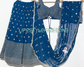 Blue Georgette Lehenga Choli: Zari, Sequins Embroidered Lengha Choli Dupatta