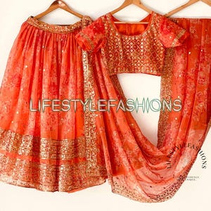 Orange Organza Lehenga Choli for Women Indian Wedding Wear Lehenga Floral Custom Lengha Choli Festival Wear Bridesmaids Bollywood Lehengas